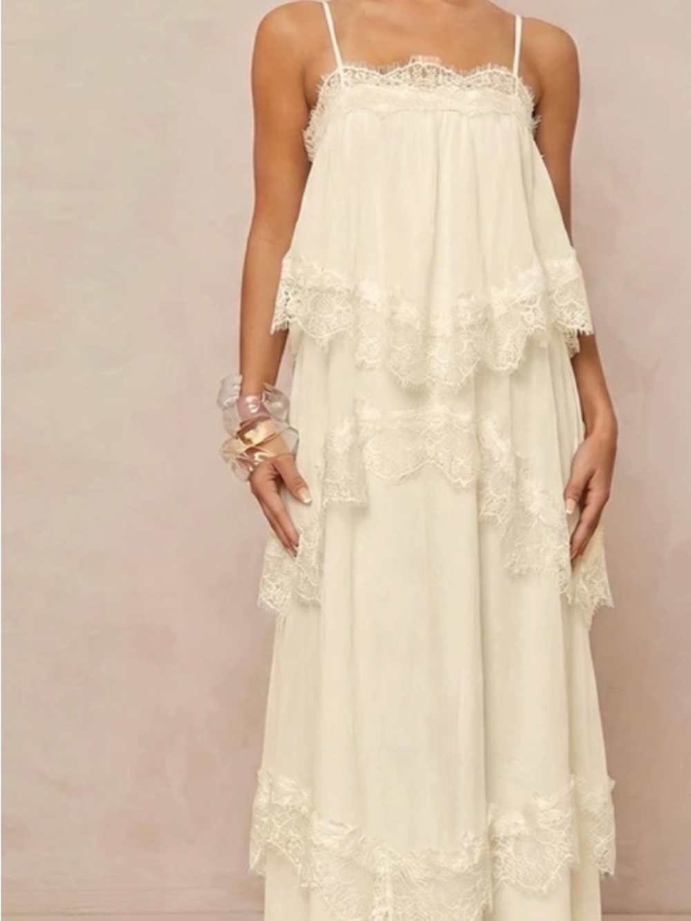 SHEIN Cream Lace Tiered Maxi Slip Dress